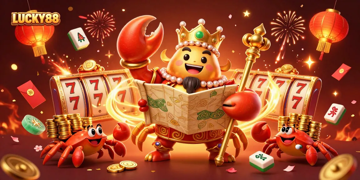 Engage in exciting slots with LUCKY88 featuring a golden crab emperor surrounded by gaming elements.