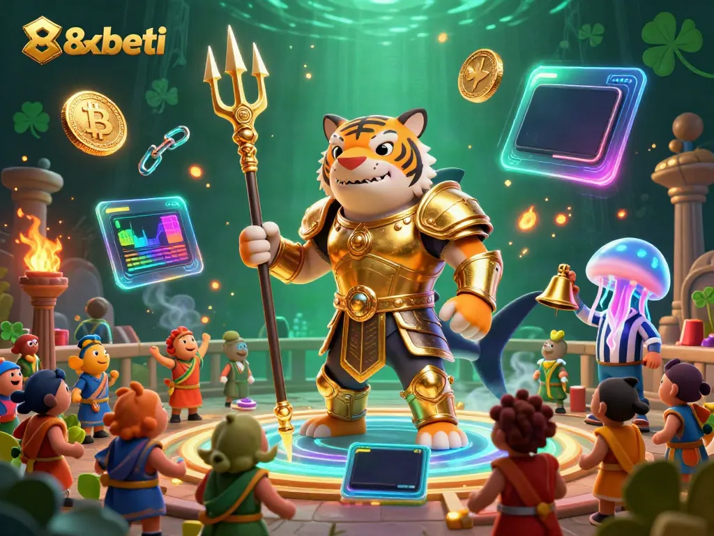 Experience thrilling underwater casino action with 8xbeti's vibrant 3D illustration featuring a shark in gladiator armor.