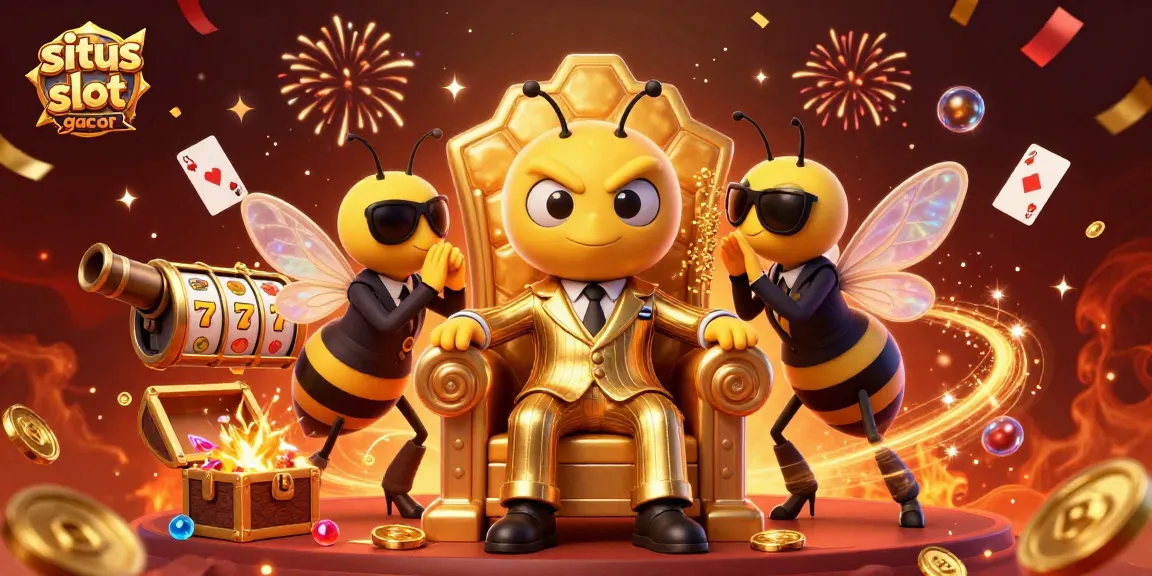 Spin to win with situs slot gacor, featuring a cartoon bumblebee mob boss surrounded by vibrant casino elements.