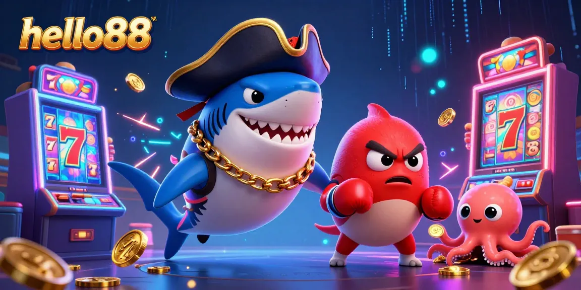 Experience excitement with hello88's vibrant casino illustration featuring animated characters and dynamic gaming elements.