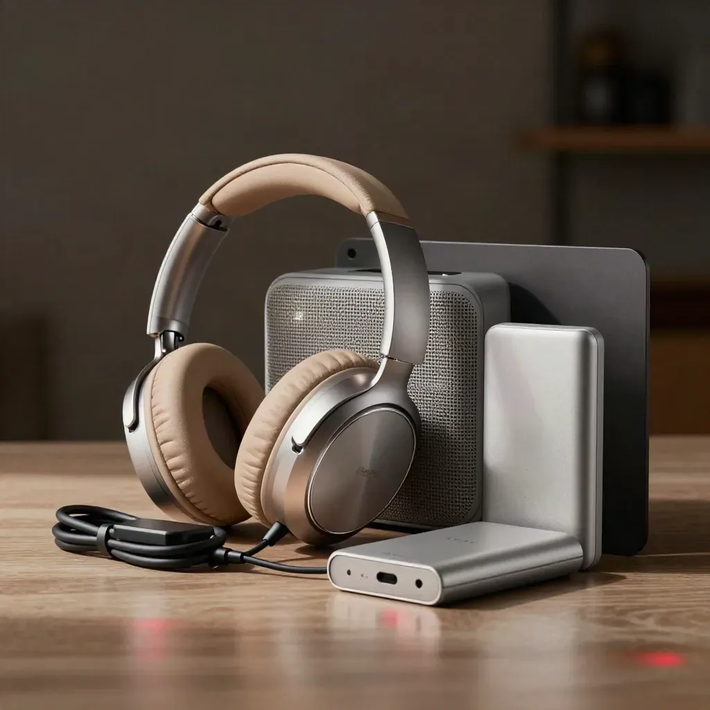 Draadloze techbundel met koptelefoon, speaker, oplader, kabel en powerbank op donker beton.