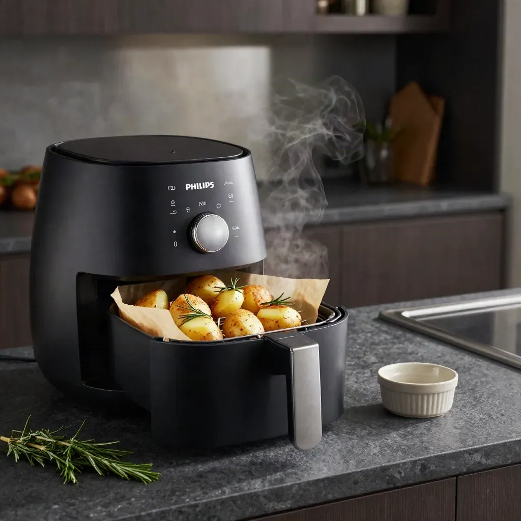 Airfryer met open mand, aardappels, kruiden en stoom op donkere steen