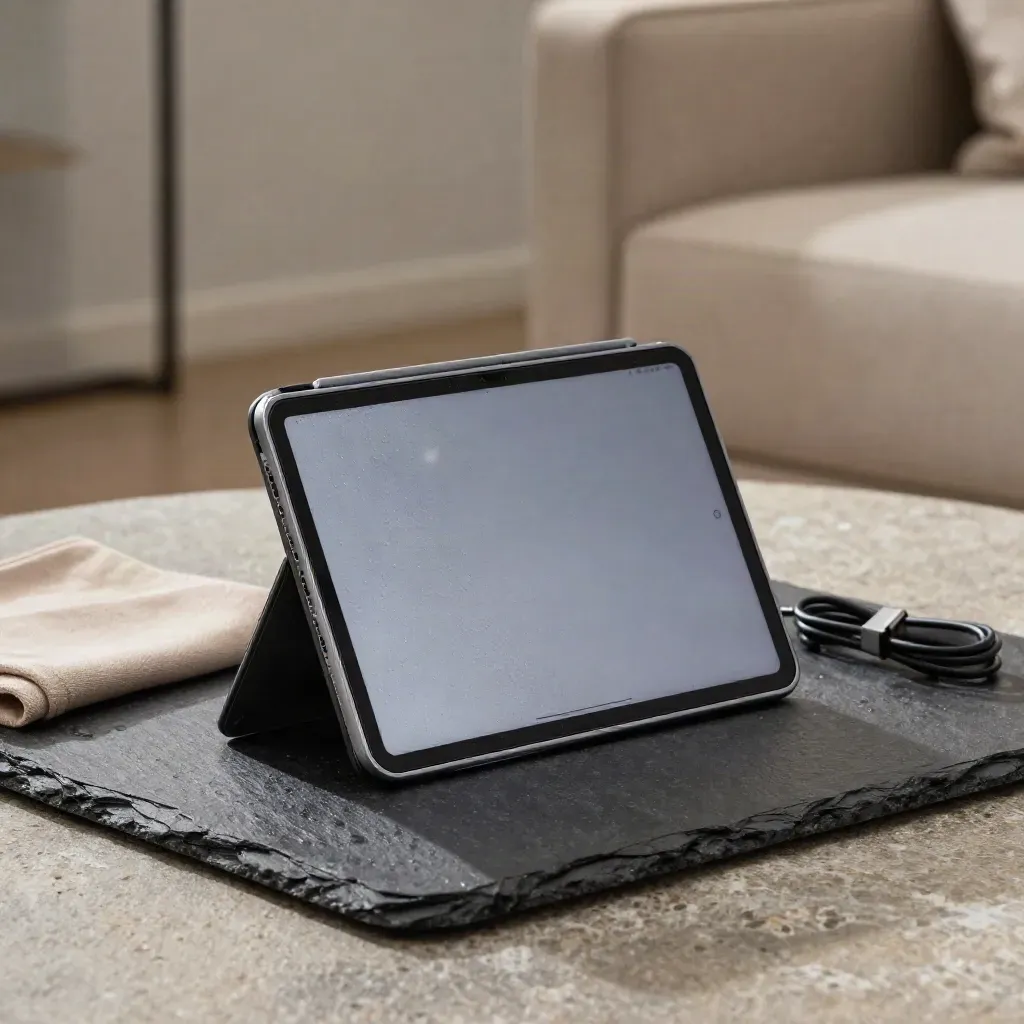 Samsung tablet in grafietkleurige hoes op natte leisteen met kabel en sleeve