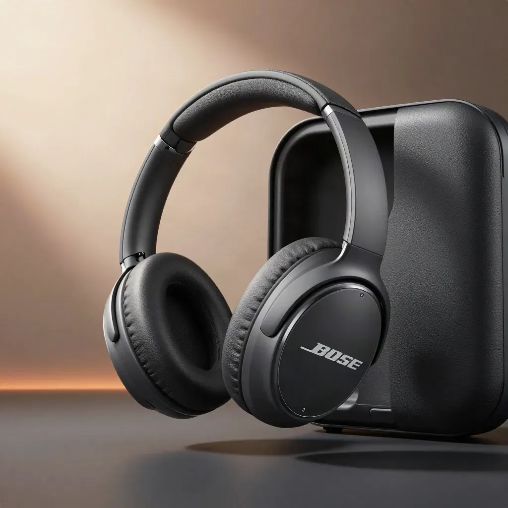 Open Bose-hoofdtelefoon met etui in zachte mist op donkere achtergrond.