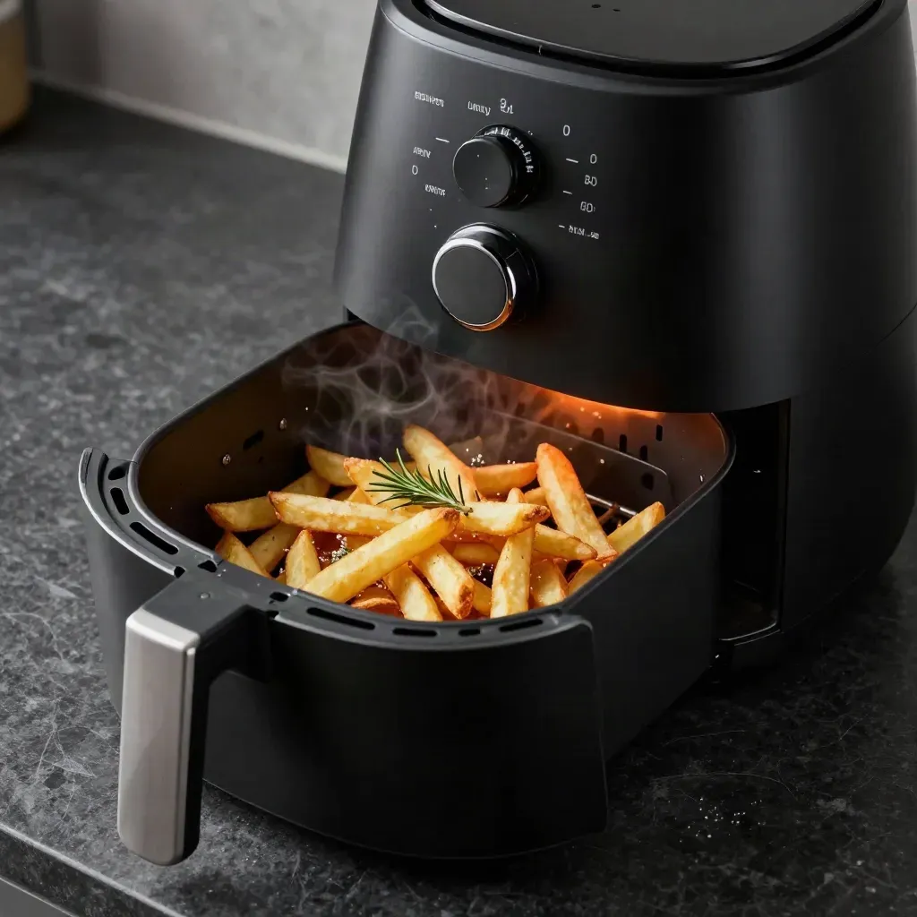 Open airfryer met knapperige friet, kruiden en een metalen tray op donkere keukenzijde.