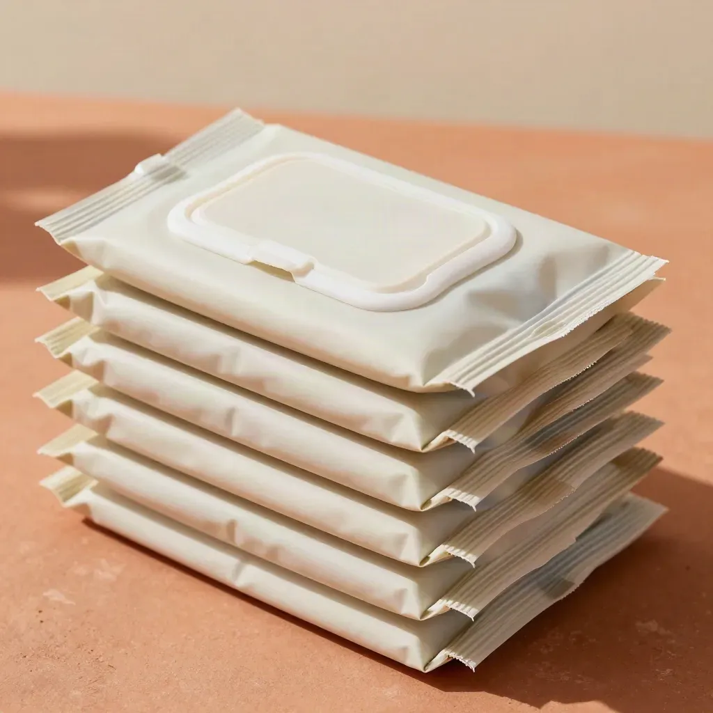 Bovenaanzicht van een stapel onbedrukte babydoekjes op terracottakleurige ondergrond.