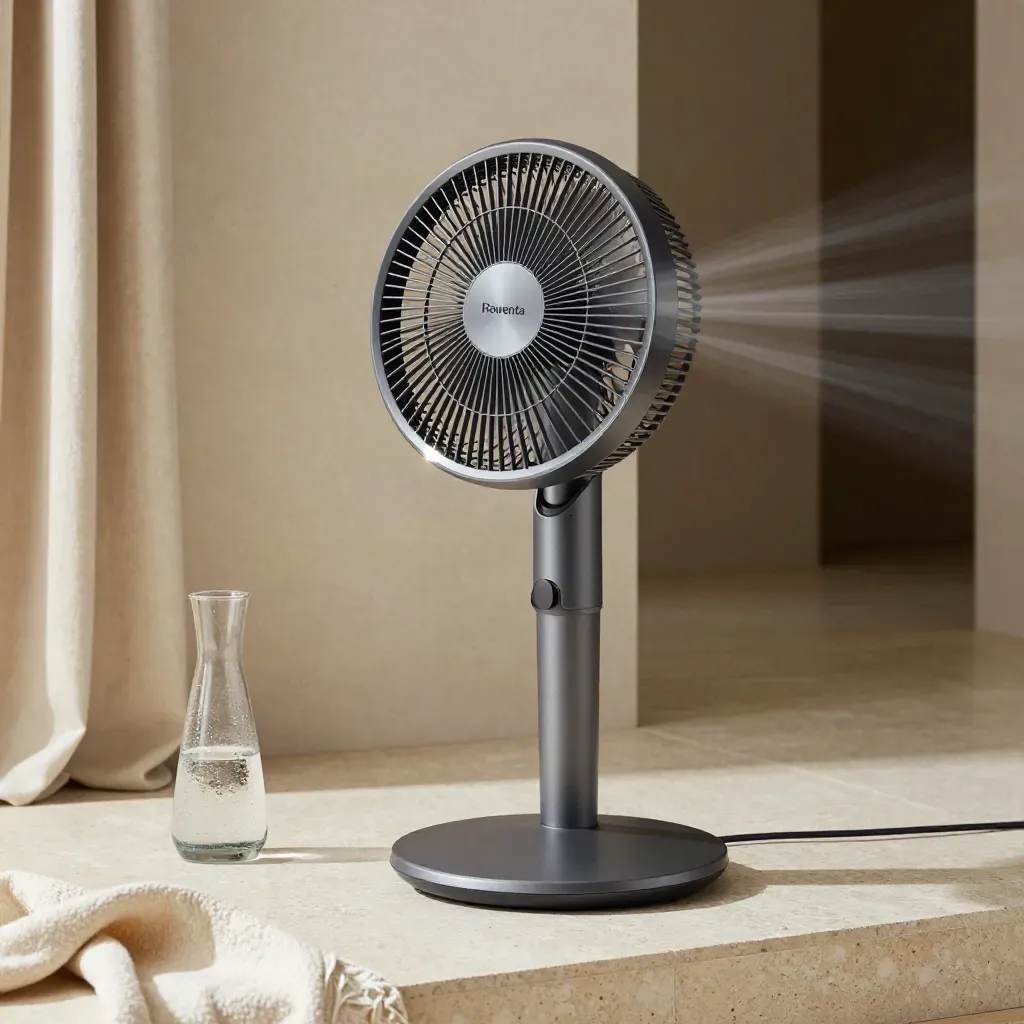 Staande ventilator koelt een travertijnen vloer met linnen en condens op glas, in zacht licht.