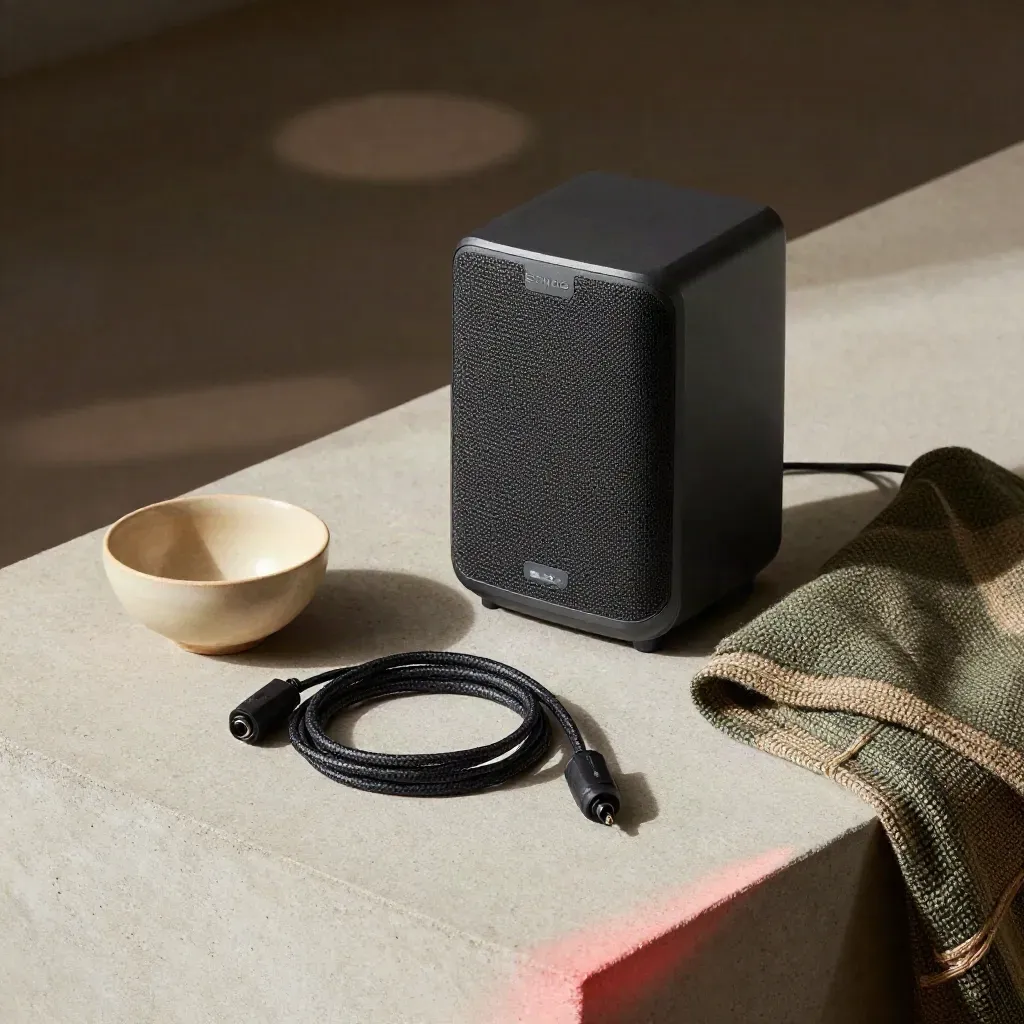 Sonos-speaker met kabel, kom en geweven doek op een betonnen plaat met zachte schaduw