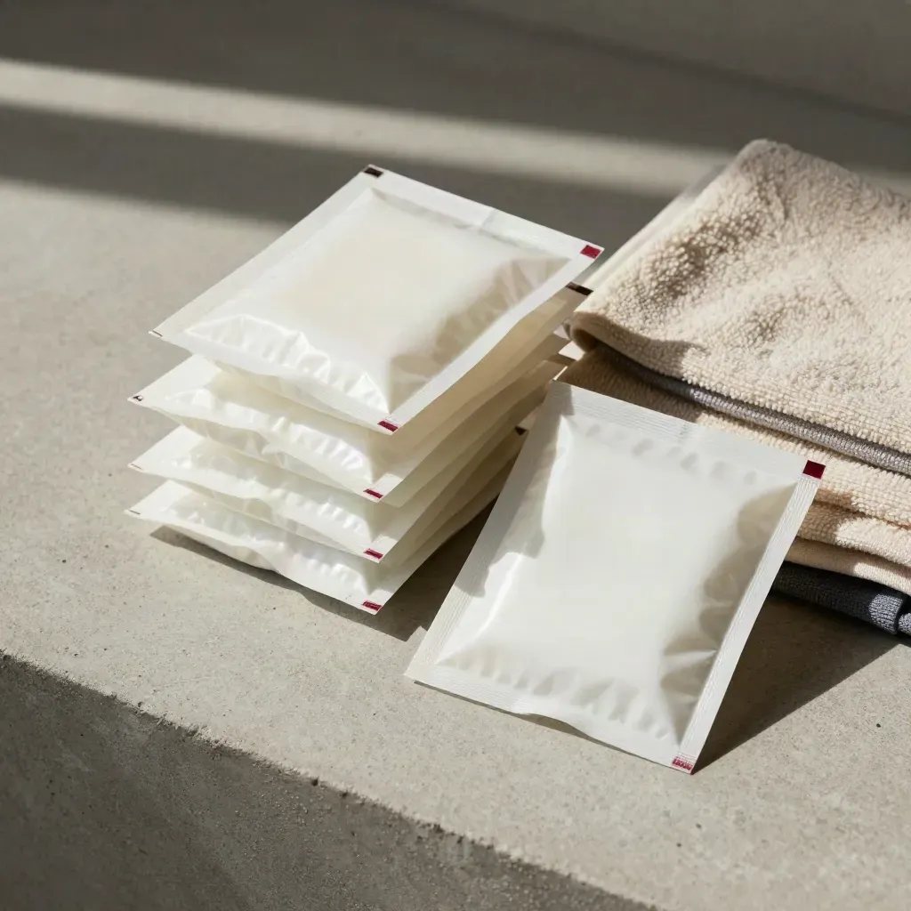 Vier wasmiddelpakken naast een opgevouwen handdoek in strakke flatlay
