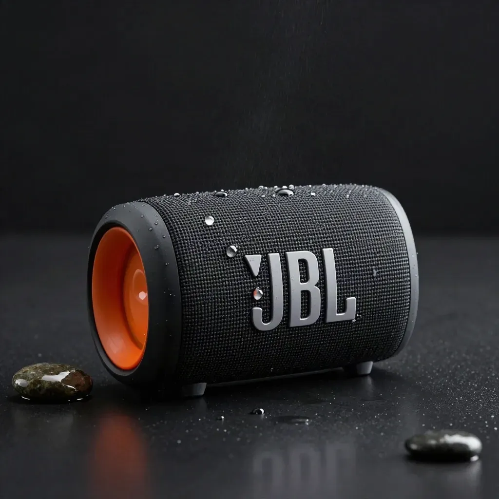 Waterdichte JBL-speaker met waterdruppels en tangerine lichtaccent op donkere ondergrond