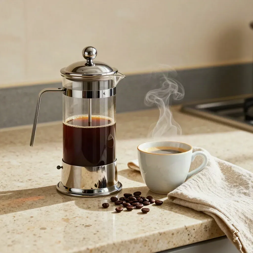 Glazen cafetière met koffiebonen, kopje en linnen servet op een lichte travertin keukenplank.