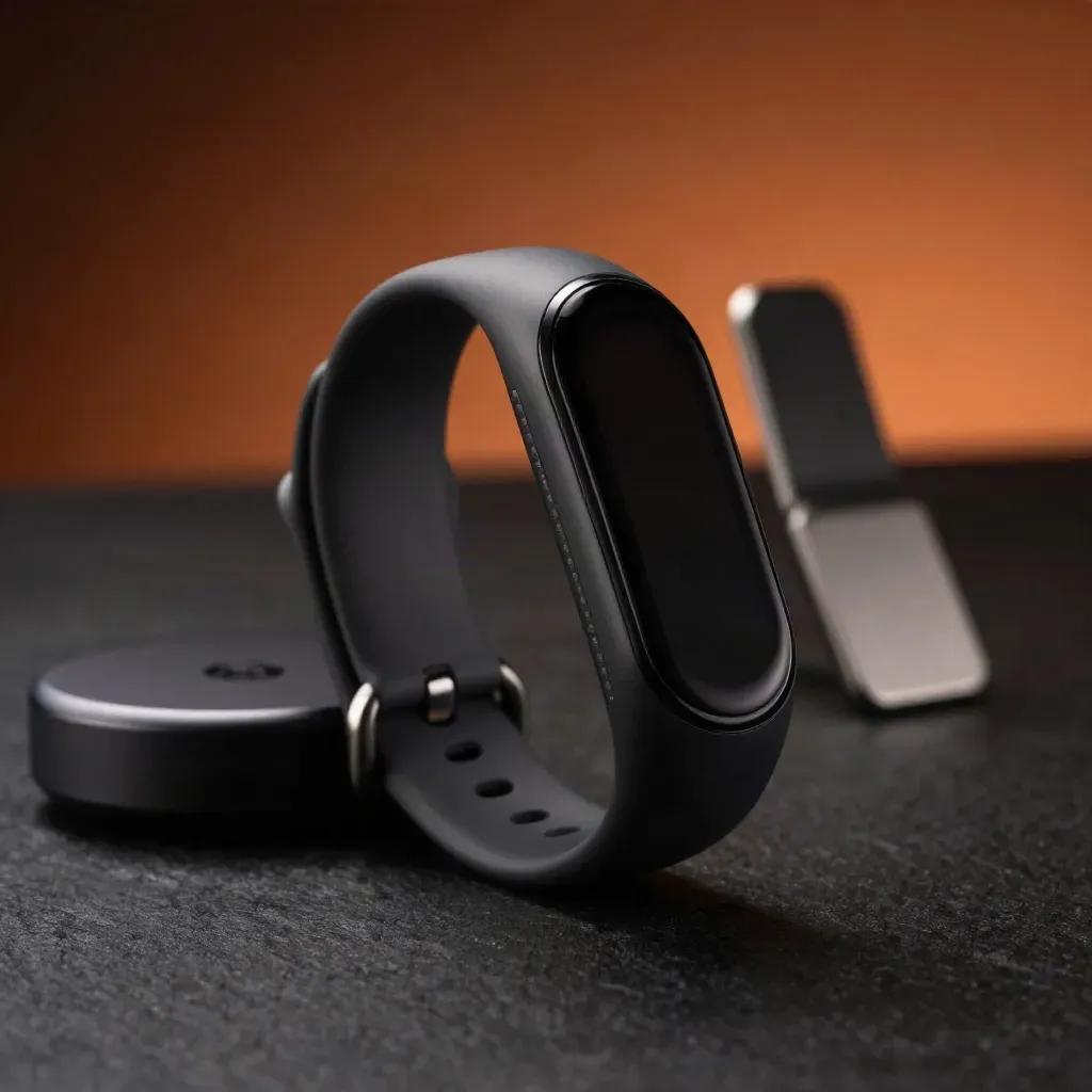 Macro van een Xiaomi Smart Band 9 naast de oplader op een donkere stenen ondergrond.