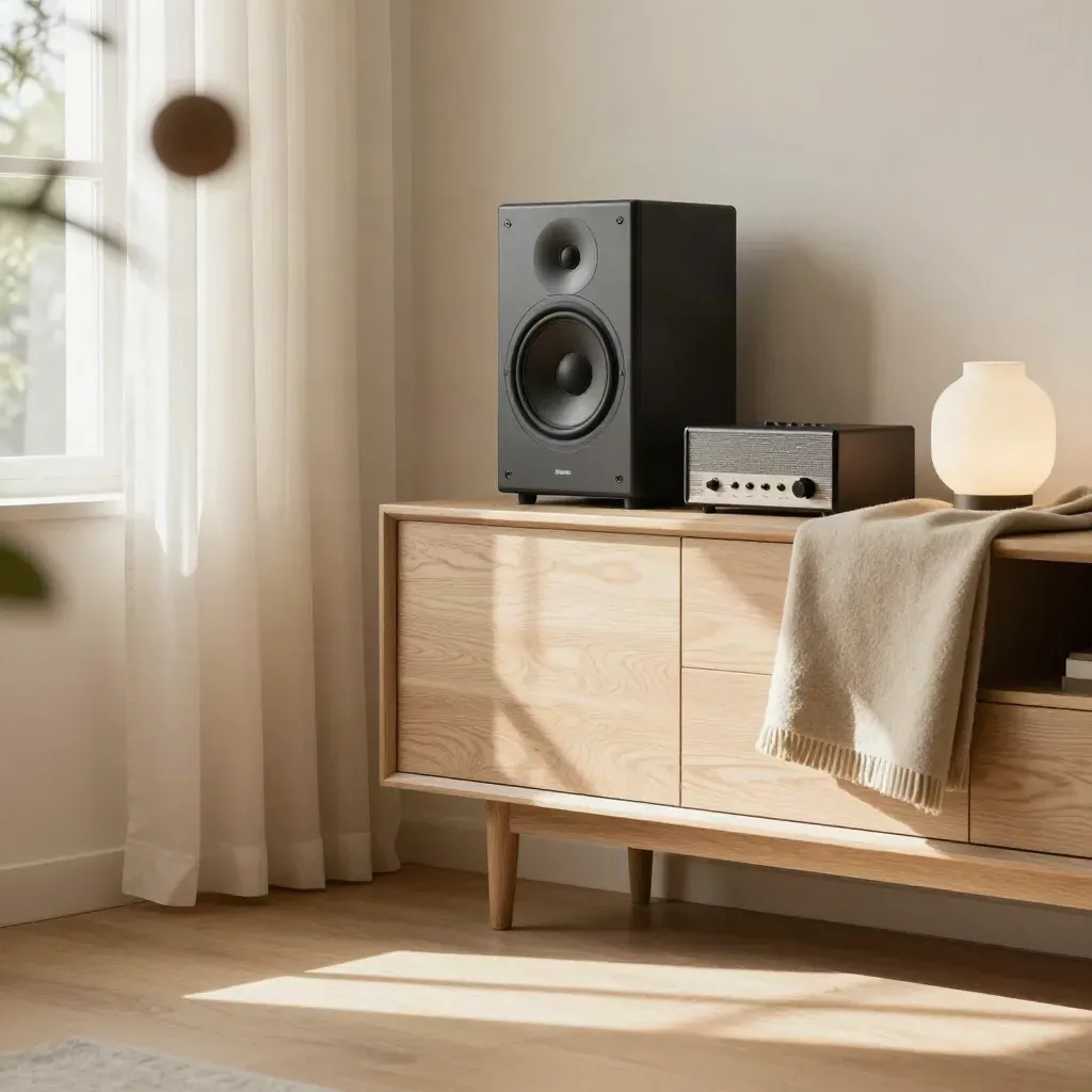 Audiohoek bij raam met gordijn, houten dressoir en speaker in warm avondlicht.