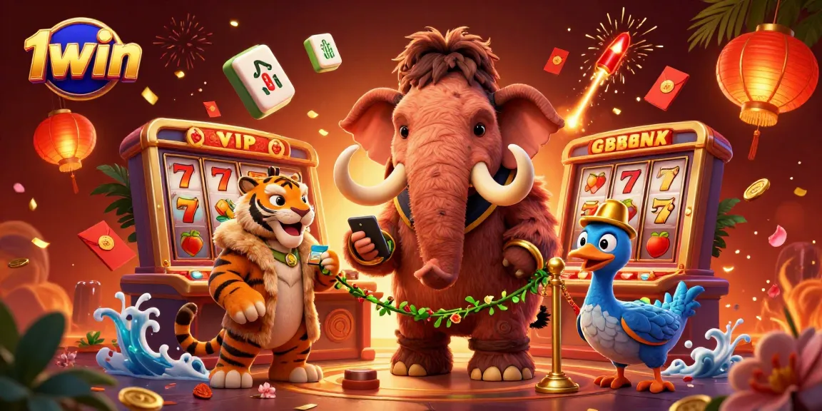 Win big with 1win, featuring a vibrant casino atmosphere with a mammoth bouncer and captivating game elements.