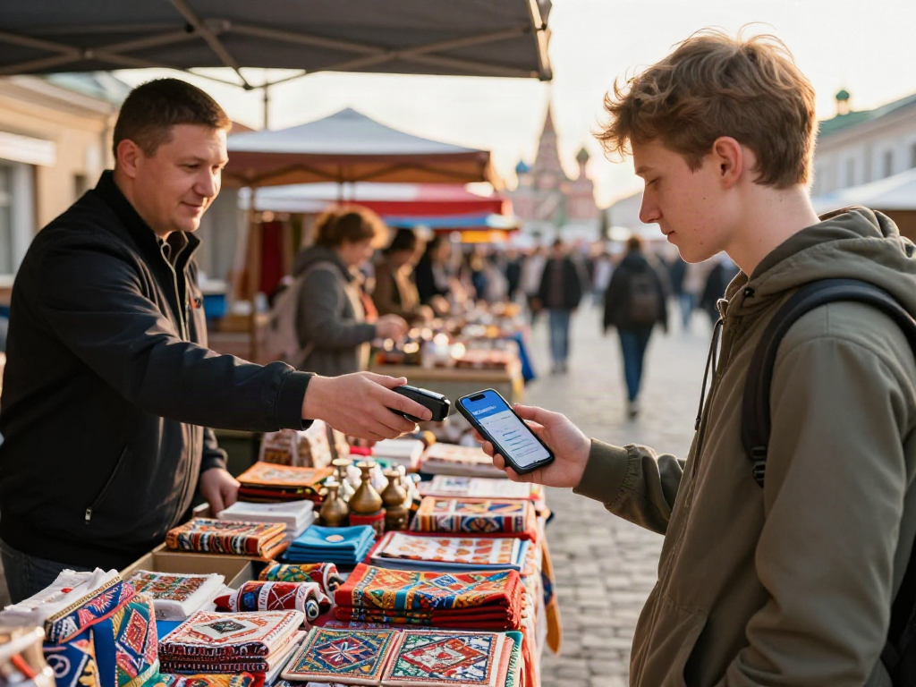 Jongere toerist in Rusland die de PayInRussia-app gebruikt op zijn smartphone voor betalingen in een lokale markt.