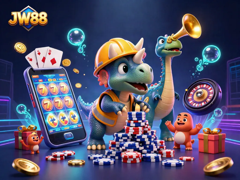 Experience JW88 excitement with a triceratops building poker chips in a vibrant casino scene.