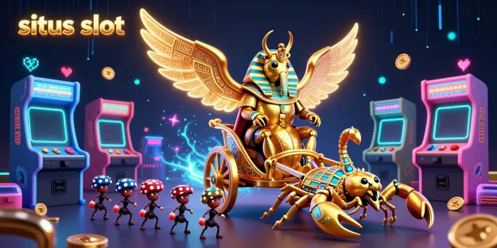 Experience the thrill of situs slot with a dynamic casino-themed illustration featuring a golden scarab and gaming elements.