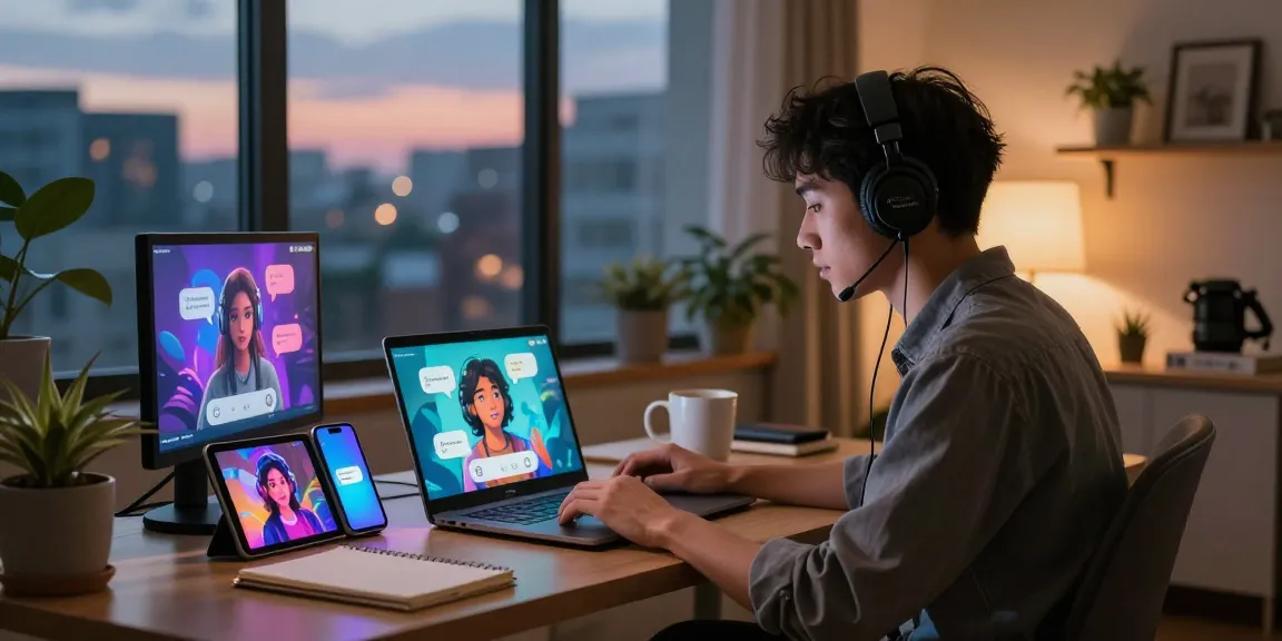 Engaging chat with character AI NSFW in a cozy home office, showcasing personalized digital interaction.