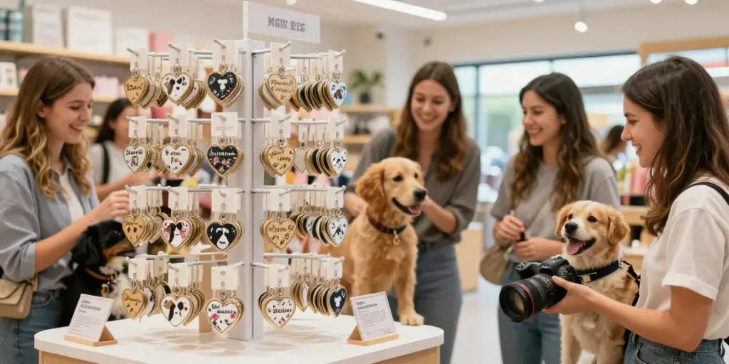 Hondenpenning laten graveren met unieke ontwerpen en blije honden in een winkel.