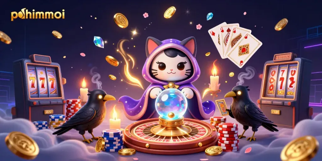 Experience phimmoi’s magical world of gaming with a mystical cat and tarot raven, surrounded by rich casino elements.