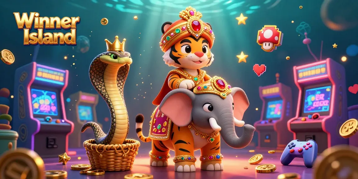 Playing exciting games at Winner Island, featuring a cartoon maharaja tiger, elephant, and vibrant gaming elements.
