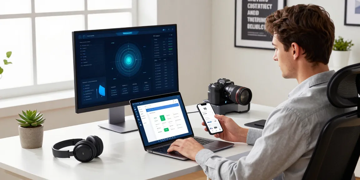 快连 application being downloaded in a modern home office setting with tech gadgets and a motivational poster.