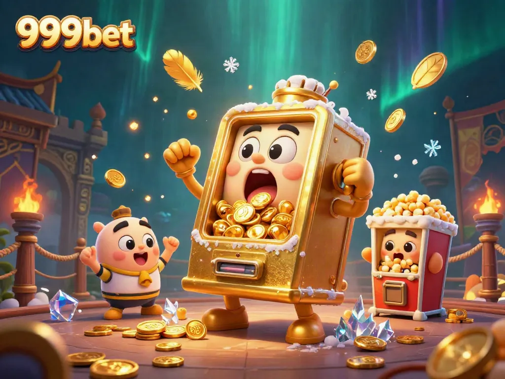 Experience excitement at 999bet with a vibrant 3D scene of a golden slot machine celebrating a jackpot surrounded by supporting characters and vibrant casino elements.