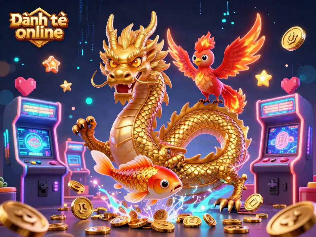 Engage in Đánh đề online with a vibrant 3D illustration of a dragon, phoenix, and koi amidst casino elements