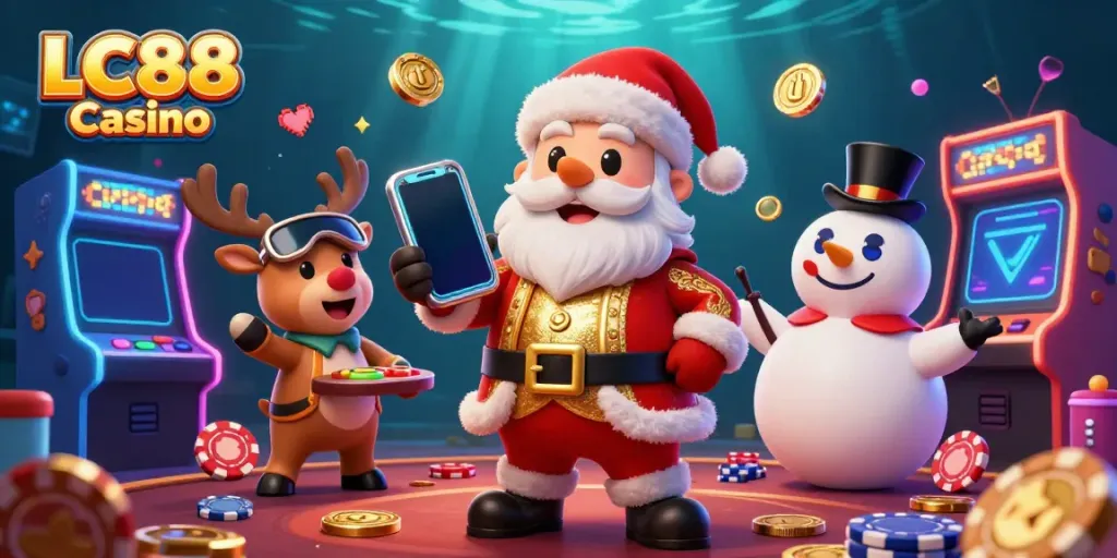 Embrace the excitement of LC88 Casino with a festive Santa and gaming characters celebrating jackpots.