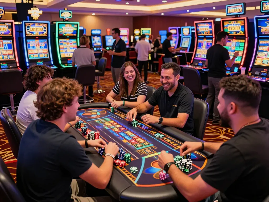 Excited players celebrating a win at the Lucky88 slot machine in a vibrant casino setting.