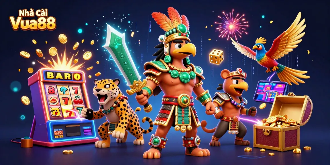Play slots at Nhà cái Vua88 with an explosion of coins and colorful casino atmosphere.