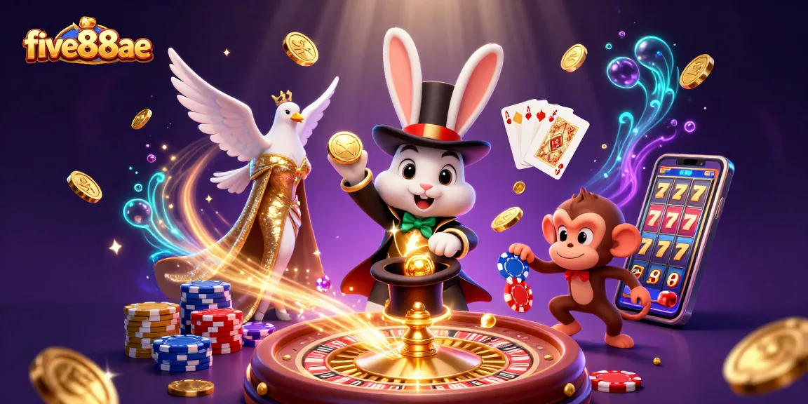 Experience the magic of five88ae as the magician rabbit reveals golden coins in this vibrant casino scene.