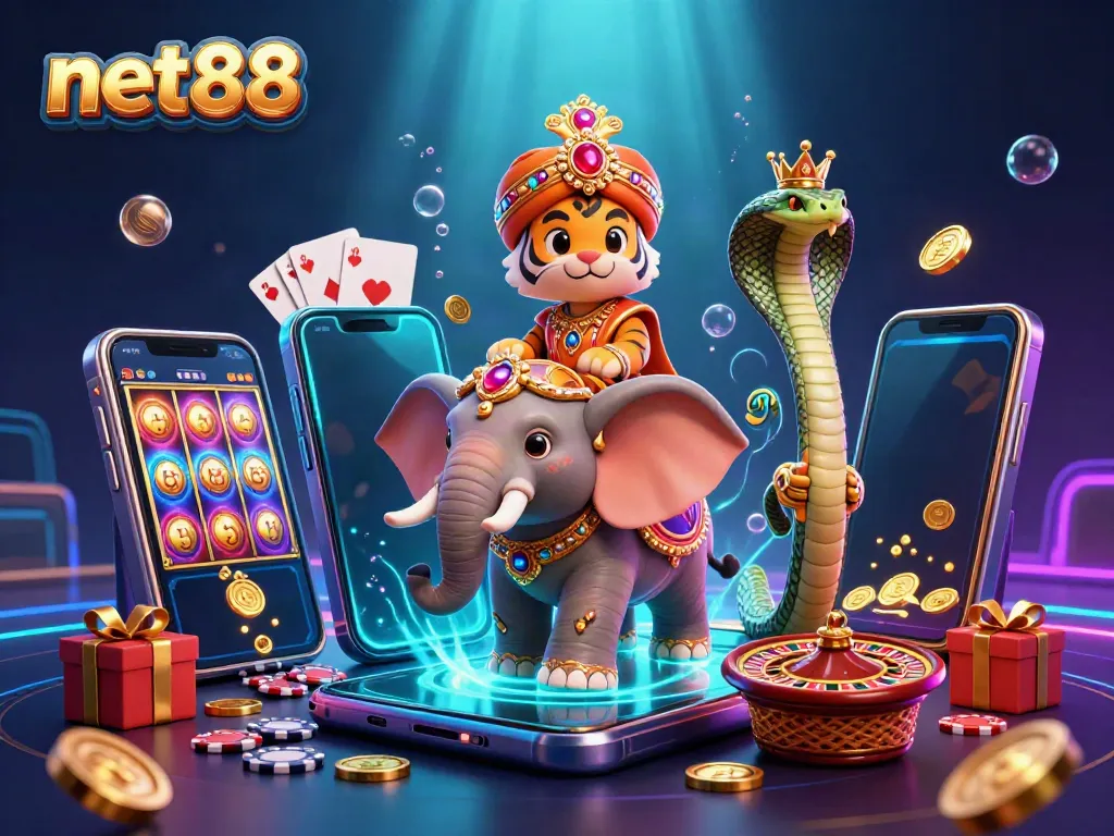 Win big with net88's thrilling casino games featuring vibrant illustrations of slot machines and cards.