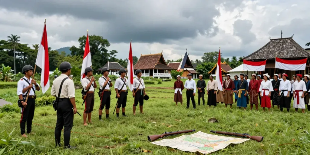 Depiction of rokok88 super historical reenactment illustrating Dutch-Indonesian conflict, showcasing actors in period attire.