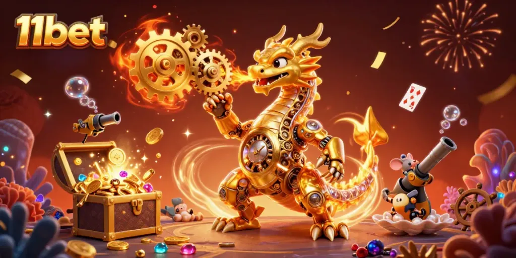Win big with 11bet in a magical scene featuring a mechanical dragon and treasure.
