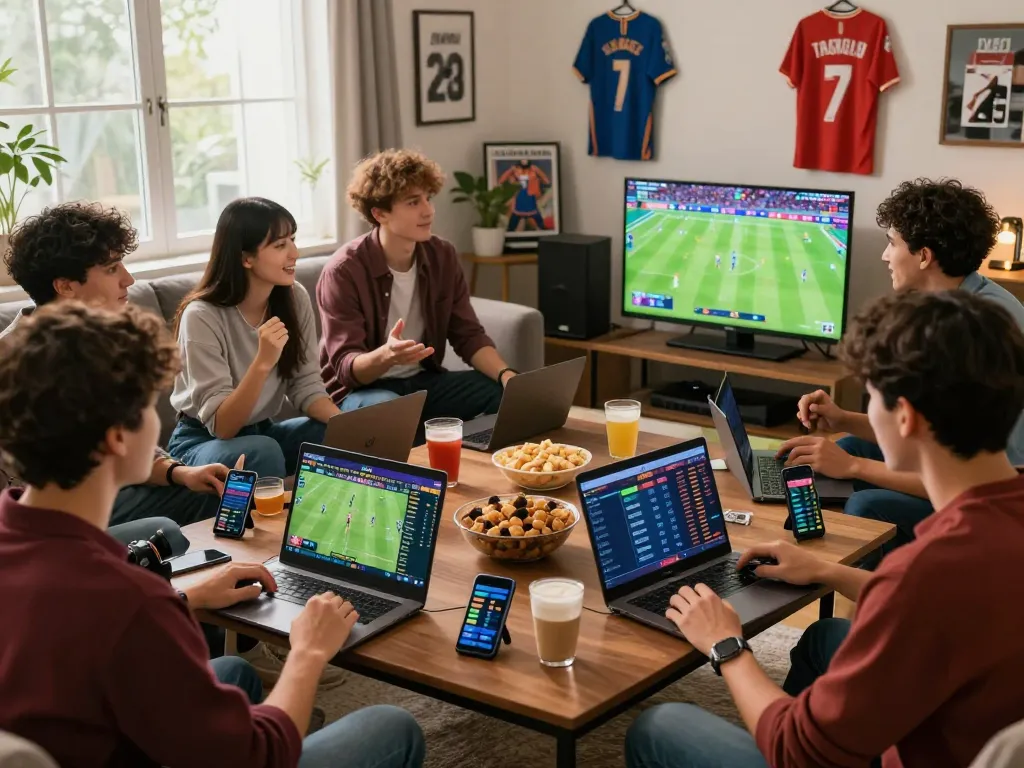 Friends enjoying an exciting sports betting experience while using Topbet on laptops and mobile devices.