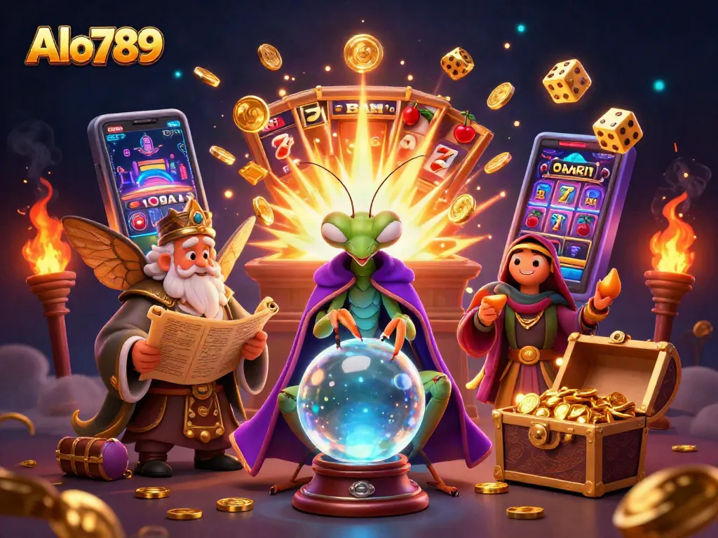 Alo789's dynamic 3D scene showcases fortune tellers and casino elements, featuring vibrant slot machines and golden coins.