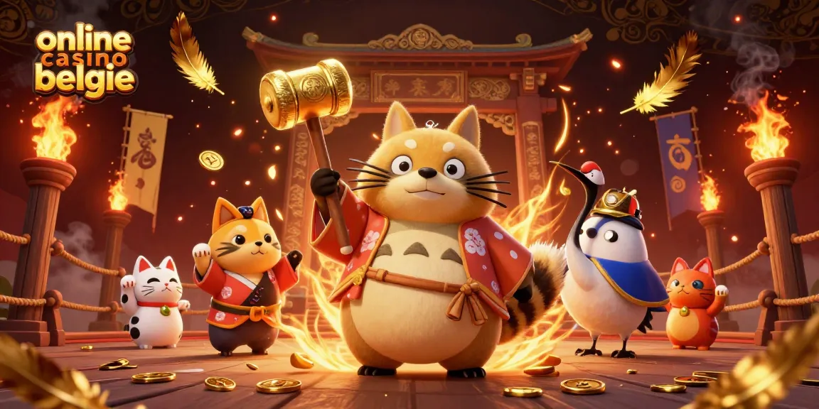 Engaging scene at online casino belgie featuring cheerful tanuki, crane, and lucky cats with gold coins.