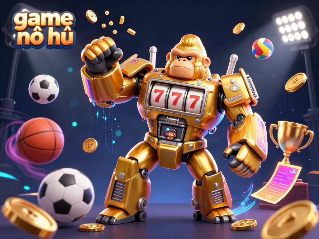 Experience the thrill of game nổ hũ with a vibrant 3D illustration featuring a golden gorilla mech and dynamic sports elements.