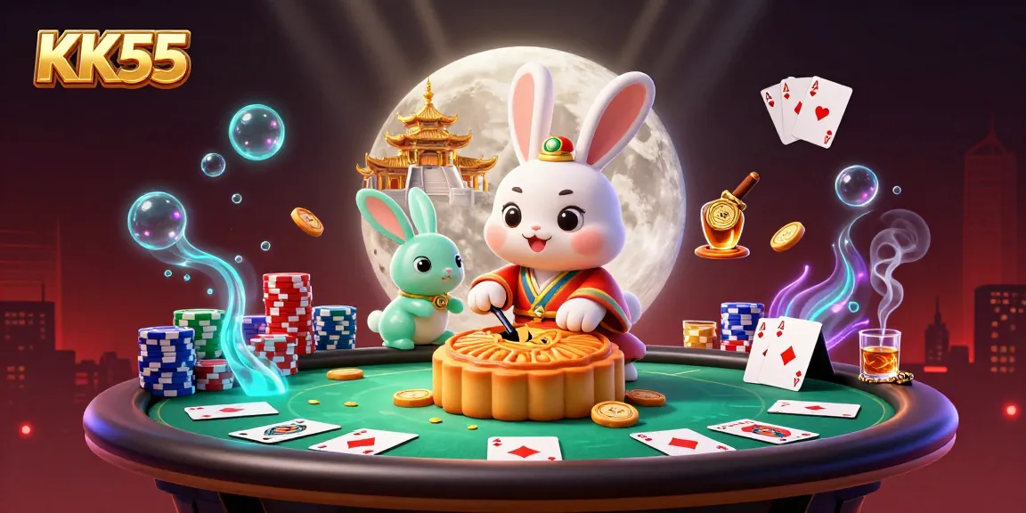 Engage with KK55's thrilling poker scene featuring whimsical moon characters and vibrant casino elements.