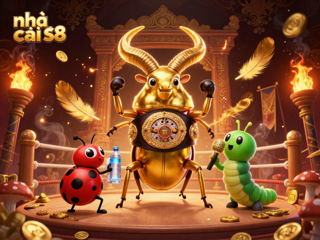 Engage with nhà cái s8 excitement as a golden stag beetle competes in a vibrant casino arena.
