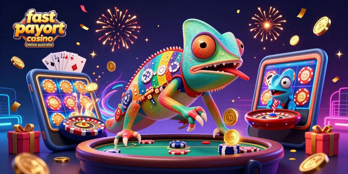 Experience fast payout casino online in Australia with vibrant gaming elements and a chameleon character.