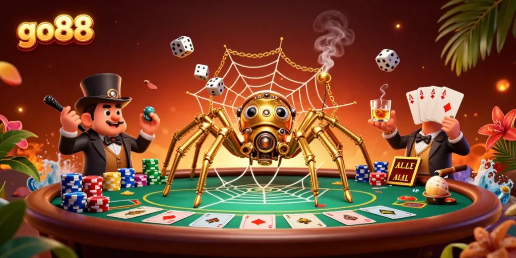 Engage with go88's thrilling steampunk casino adventure, featuring a golden spider and immersive poker scene.