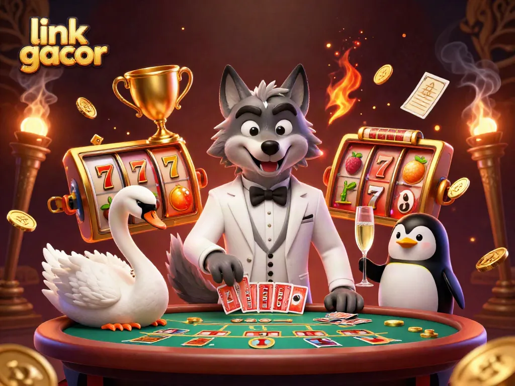 Engaging scene with a debonair wolf, swan dealer, and penguin sommelier showcasing link gacor at a vibrant slot table.