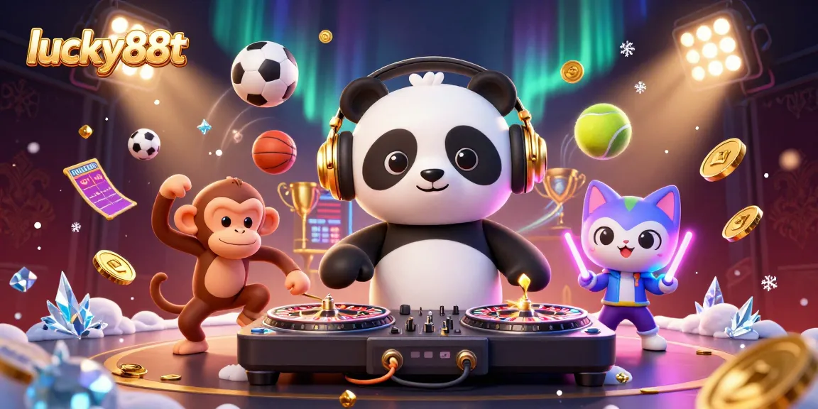 Catch the excitement of lucky88t as a DJ panda spins and a monkey breaks it down on the dance floor!
