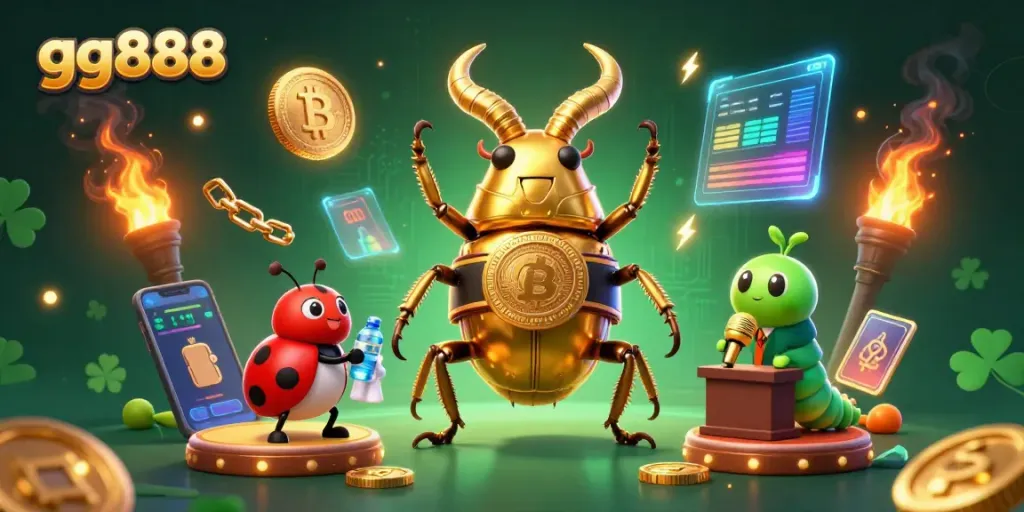 Engage with gg888's thrilling neon-lit casino experience featuring dynamic characters and cryptocurrency elements.
