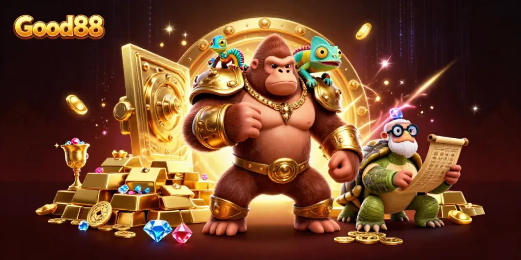 Experience thrilling wins at Good88 with vibrant casino characters and a treasure-filled backdrop