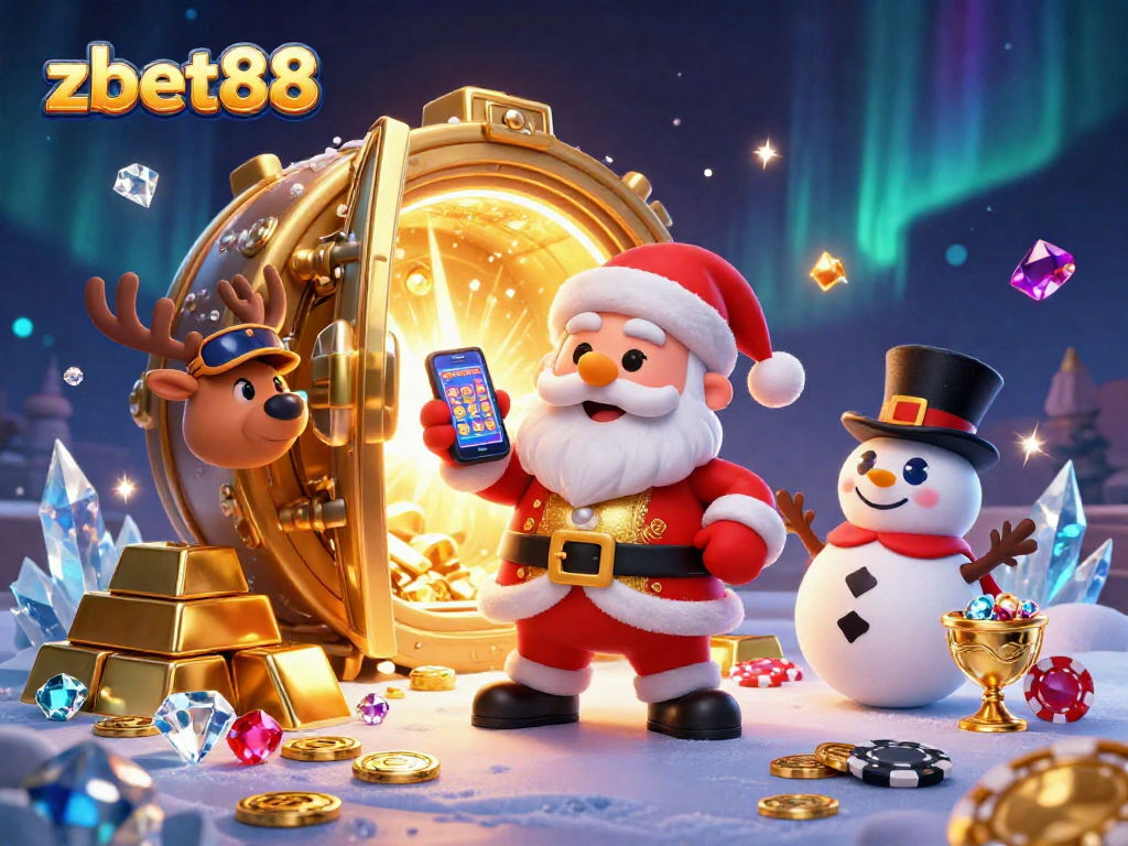 Experience exciting jackpots with zbet88 in a vibrant casino scene featuring Santa and friends.