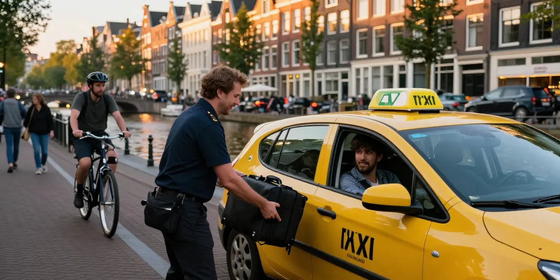 Betrouwbare Taxi Amsterdam service met vriendelijke chauffeur die passagier assisteert in een levendige stedelijke omgeving