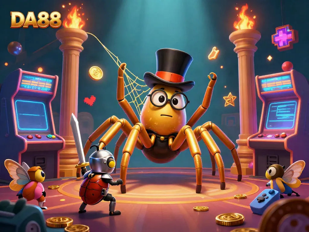 Experience the thrill of DA88 gaming with a giant tarantula weaving golden threads and a brave beetle knight amidst vibrant casino elements.